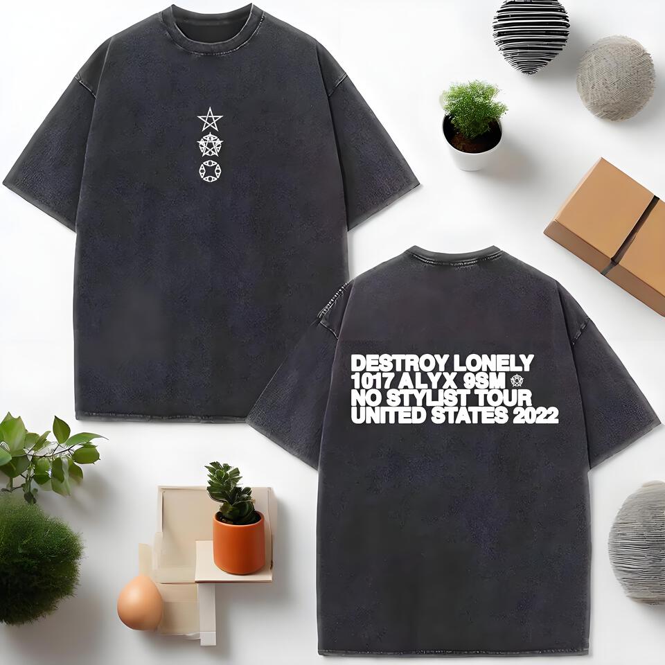 1017 ALYX 9SM Distressed Black Cotton T-Shirt Unisex Streetwear Graphic Tee