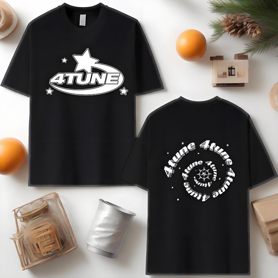 4TUNE Black Cotton T-Shirt Unisex Streetwear Print Loose Fit