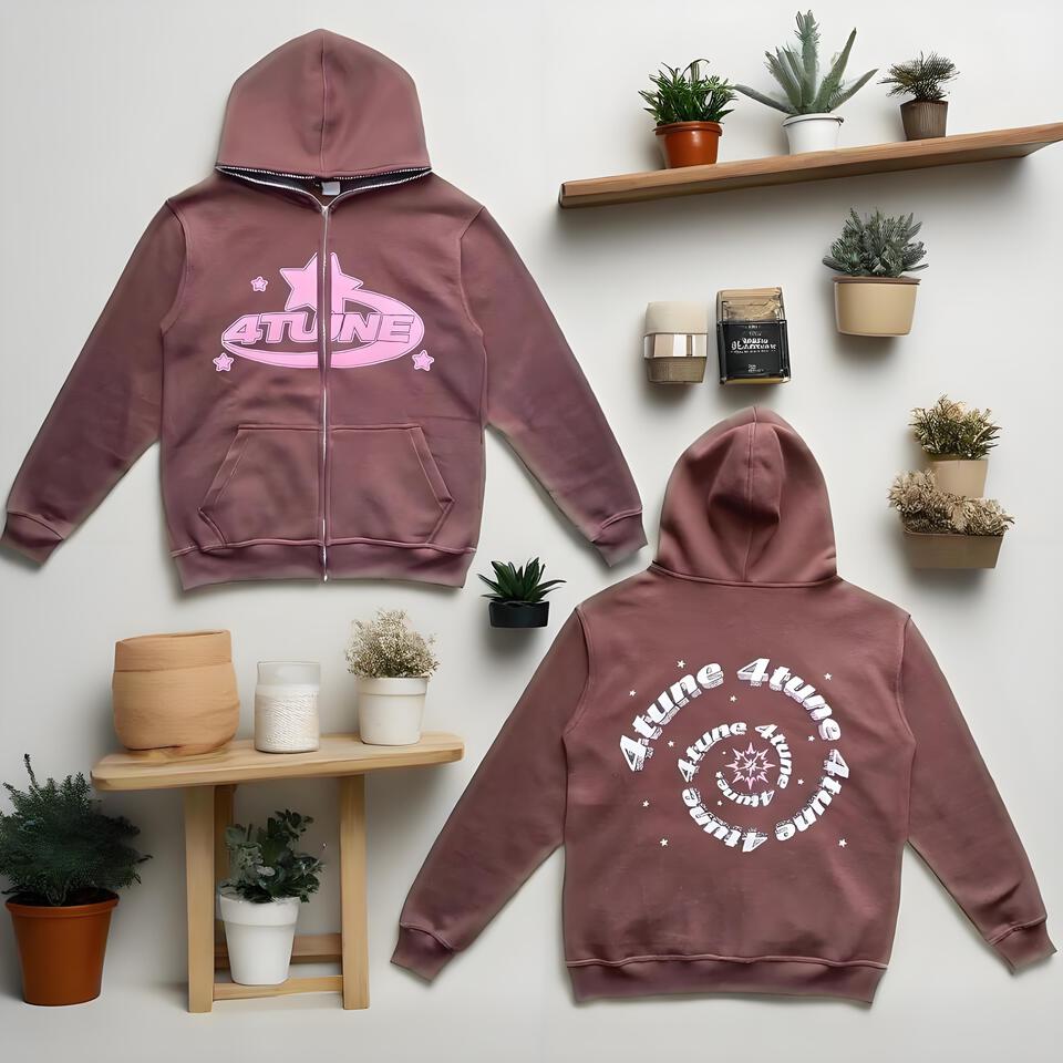 4TUNE Brown Cotton Hooded Sweatshirt Unisex Streetwear