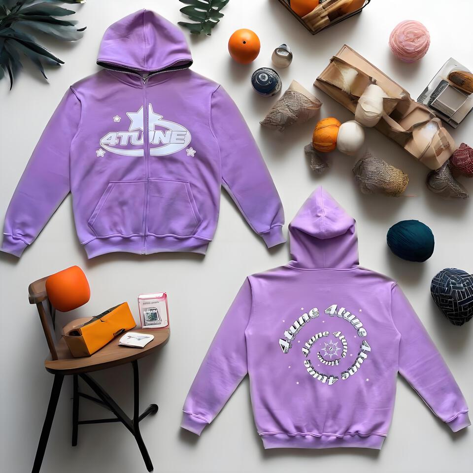 4TUNE Purple Zip Hoodie Cotton Unisex Streetwear Casual