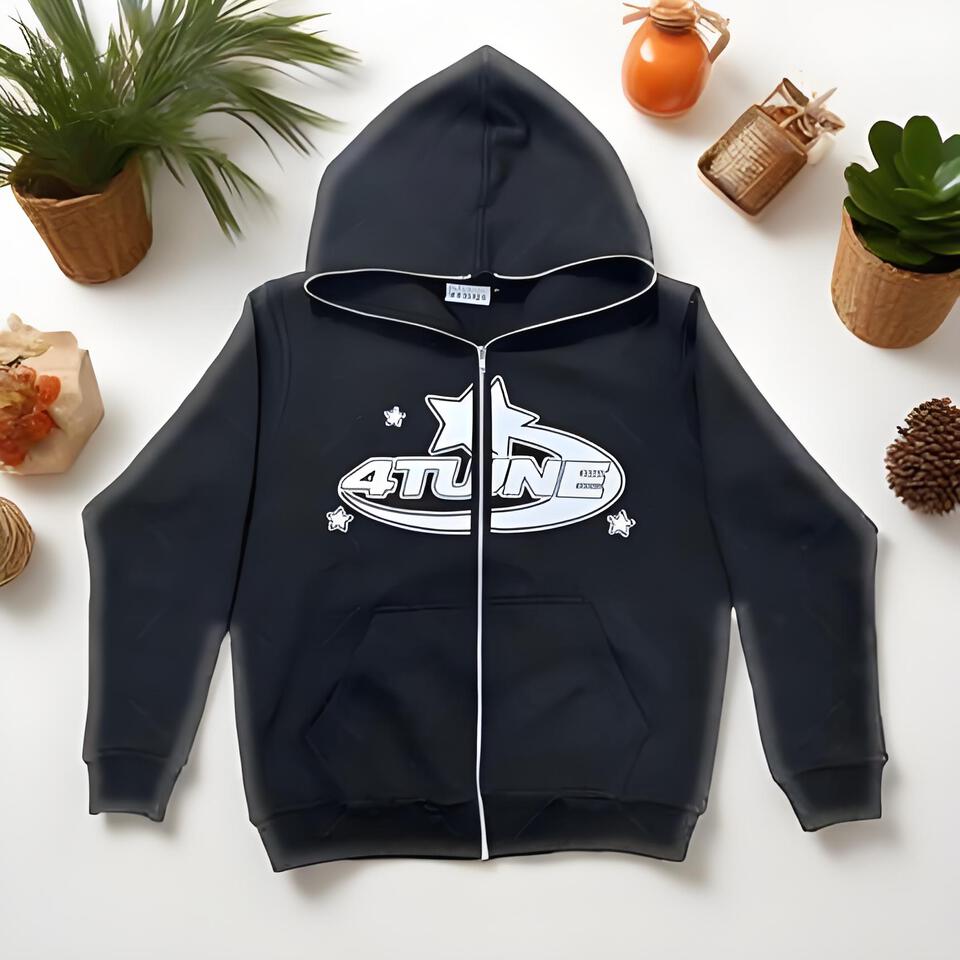 4TUNE Unisex Black Cotton Blend Hoodie With Print