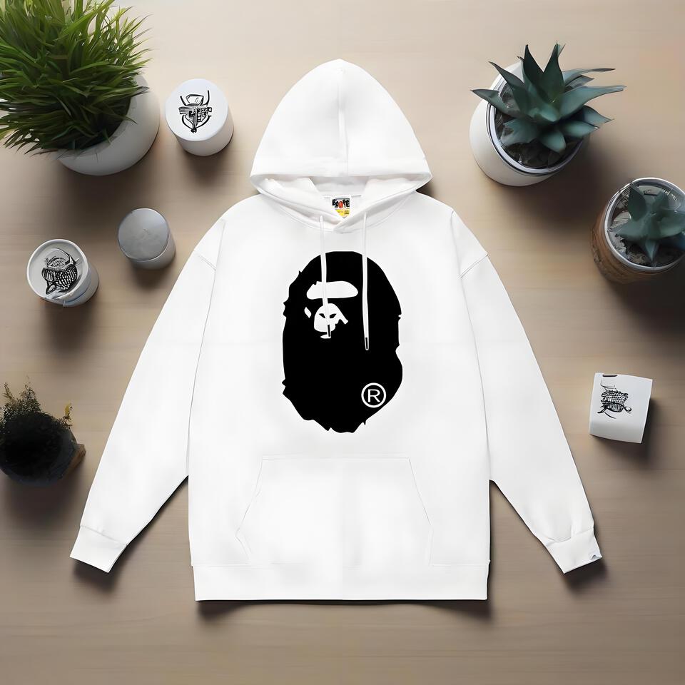A Bape White Hoodie Cotton Unisex Streetwear