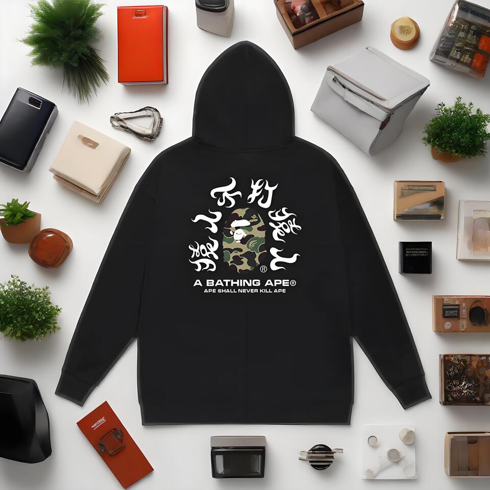 A Bathing Ape Black Cotton Camo Hoodie With Ape Head