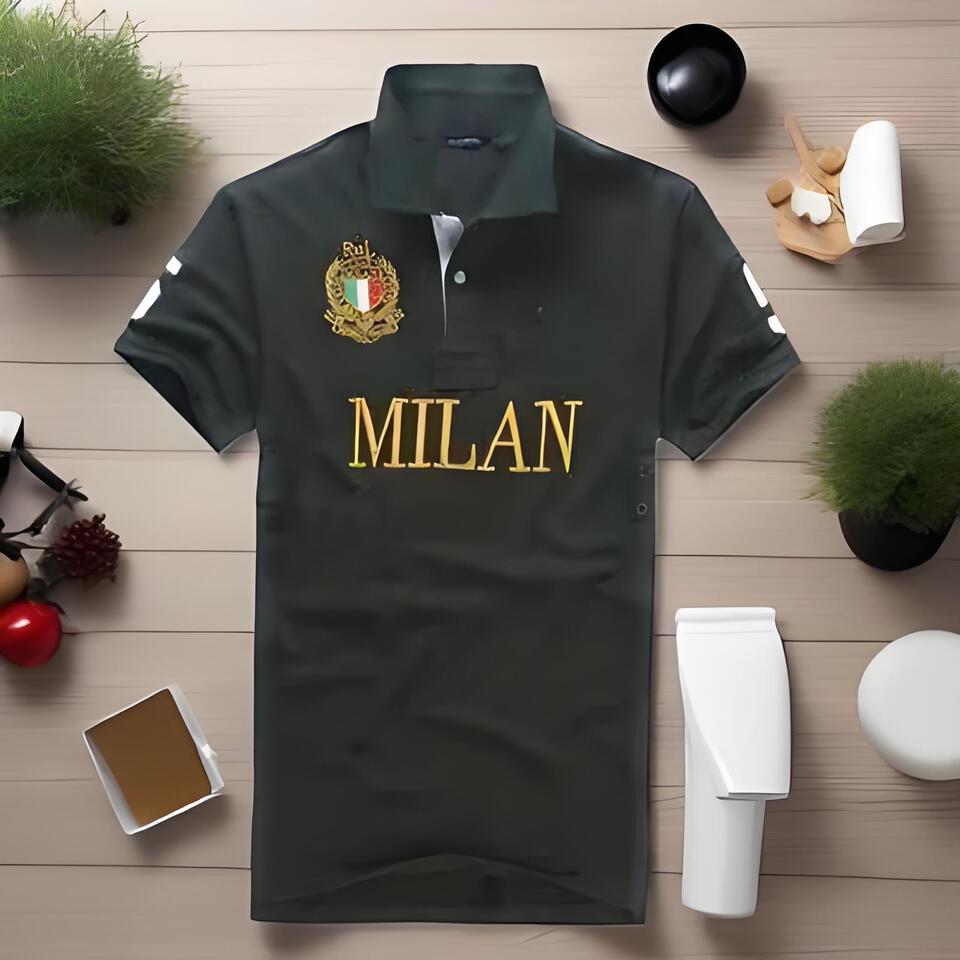 AC Milan Black Cotton Polo Shirt Unisex Team Logo Breathable