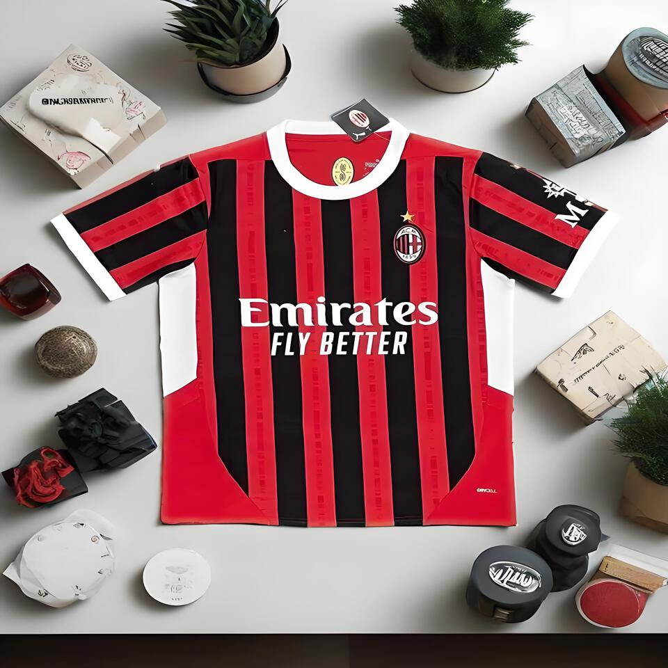 AC Milan Home Jersey Red Black Striped Breathable Moisture-Wicking Football Shirt