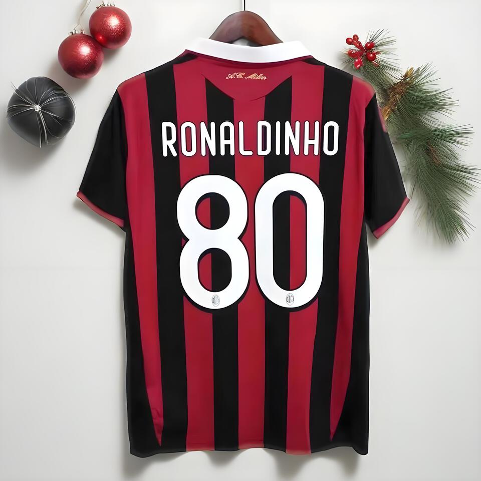 AC Milan Ronaldinho Breathable Red Black Soccer Jersey Short Sleeve Retro
