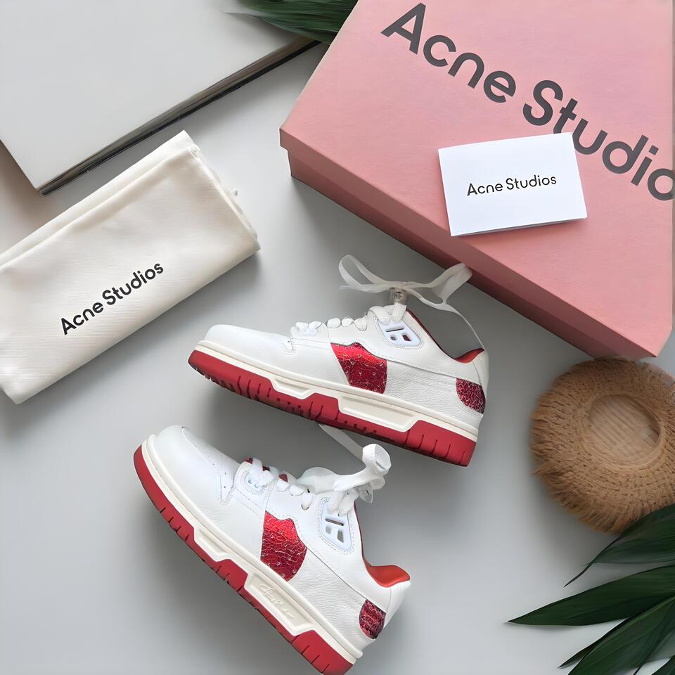 Acne Studios White Red Cracked Leather Sneakers