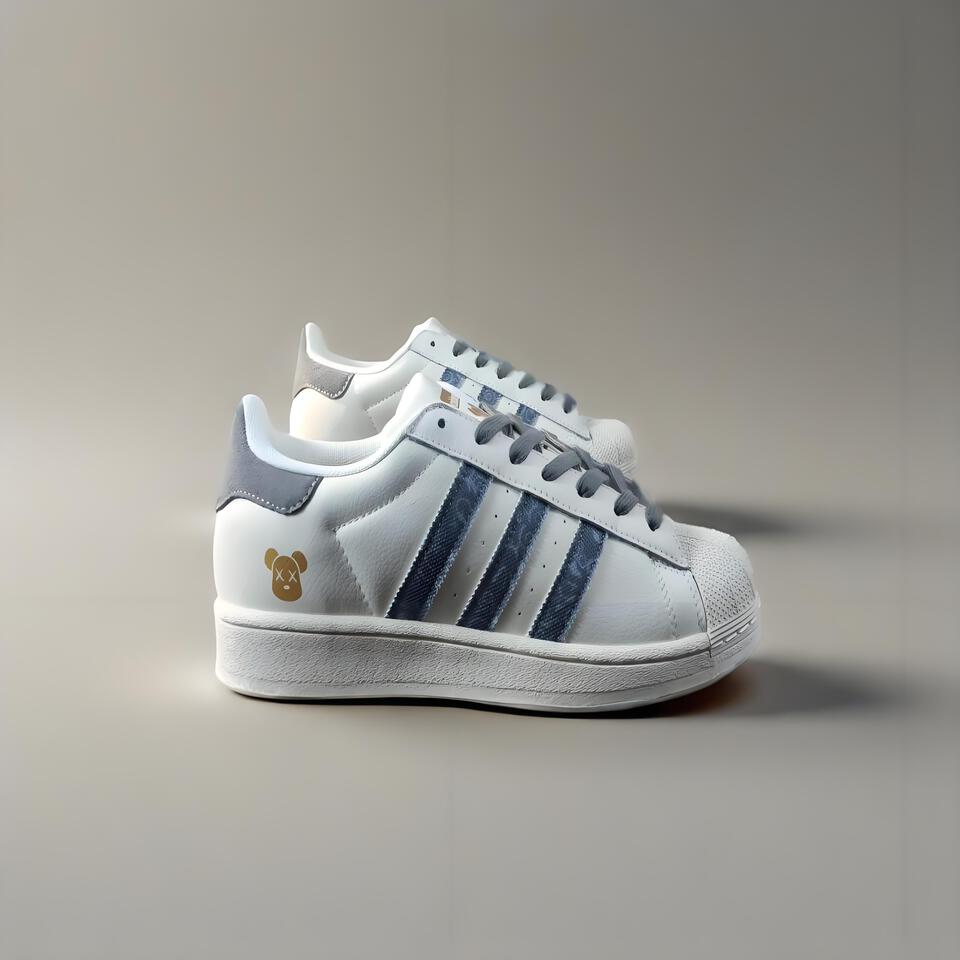 Adidas Superstar White Blue Grey Bear Vintage Unisex Casual Sneakers