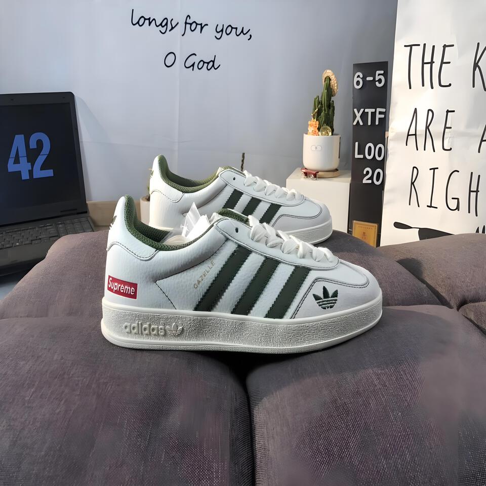 Adidas x Supreme Gazelle White Green Leather Retro Sneakers