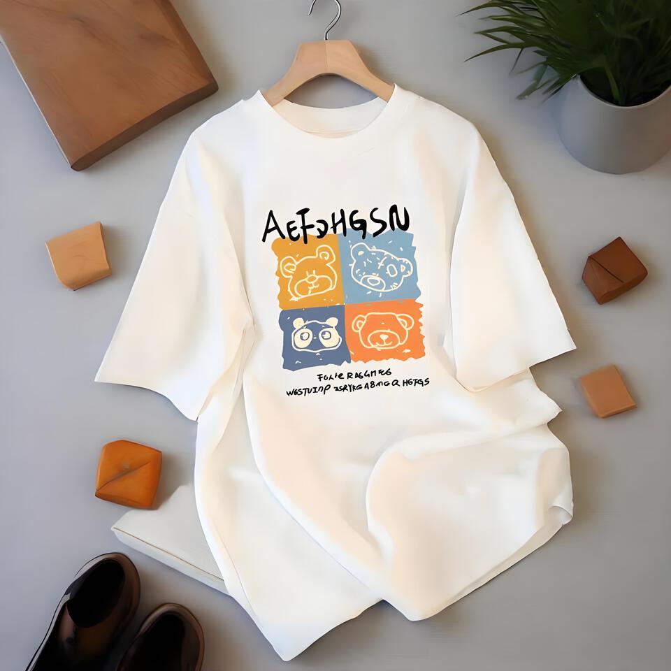 Aefshgsu Cartoon Bear Print Loose Short Sleeve T-Shirt