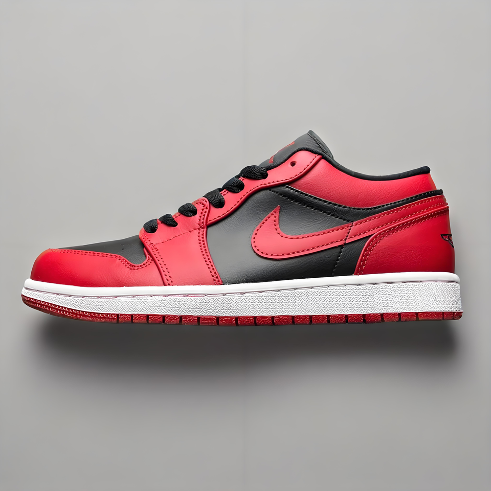 Air Jordan 1 Low 'Black Red' Leather Basketball Shoes, Men's Sneakers