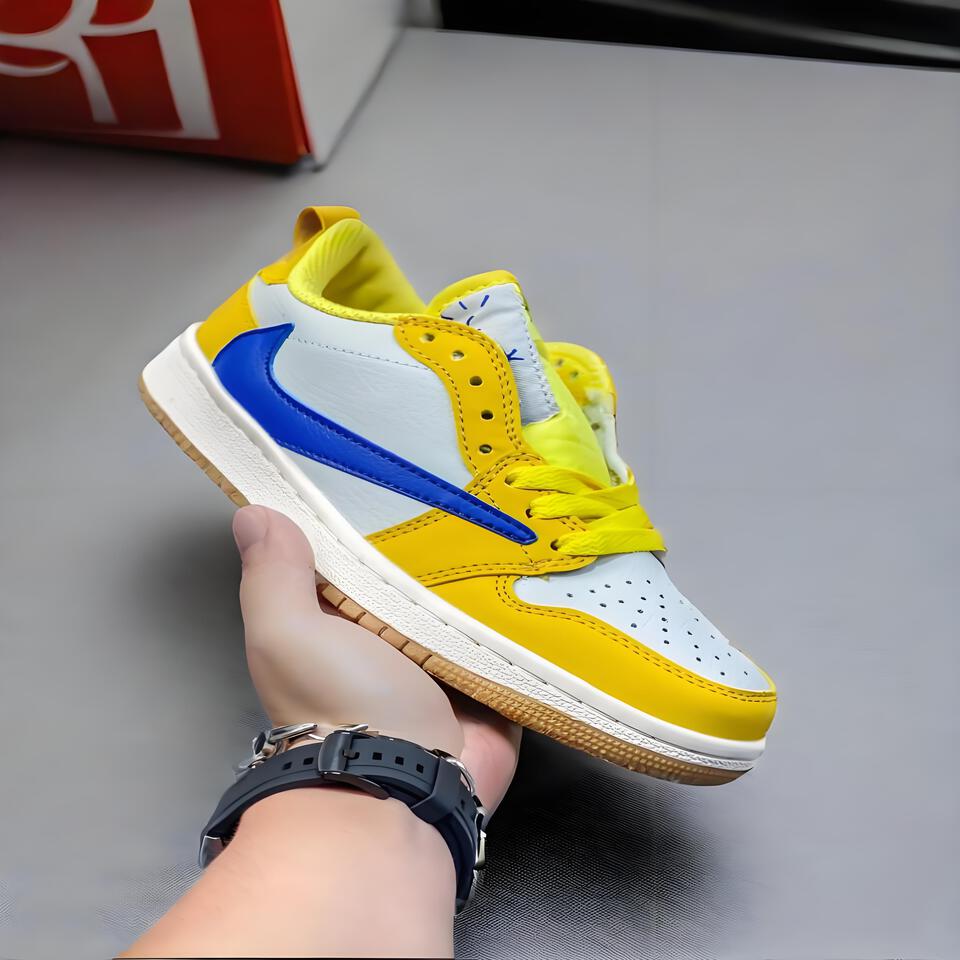 Air Jordan 1 Low White Blue Yellow Leather Mesh Retro Sneakers
