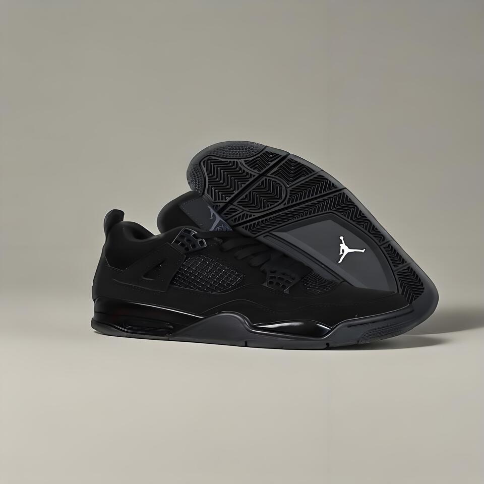 Air Jordan 4 Retro Black Leather Basketball Shoes, Men's Lifestyle Sneakers