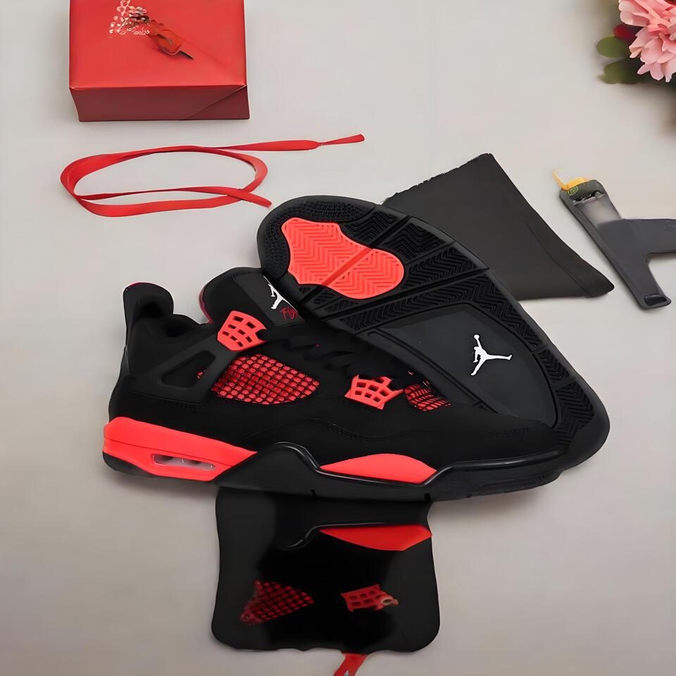 Air Jordan 4 Retro Black Red Leather Basketball Shoes