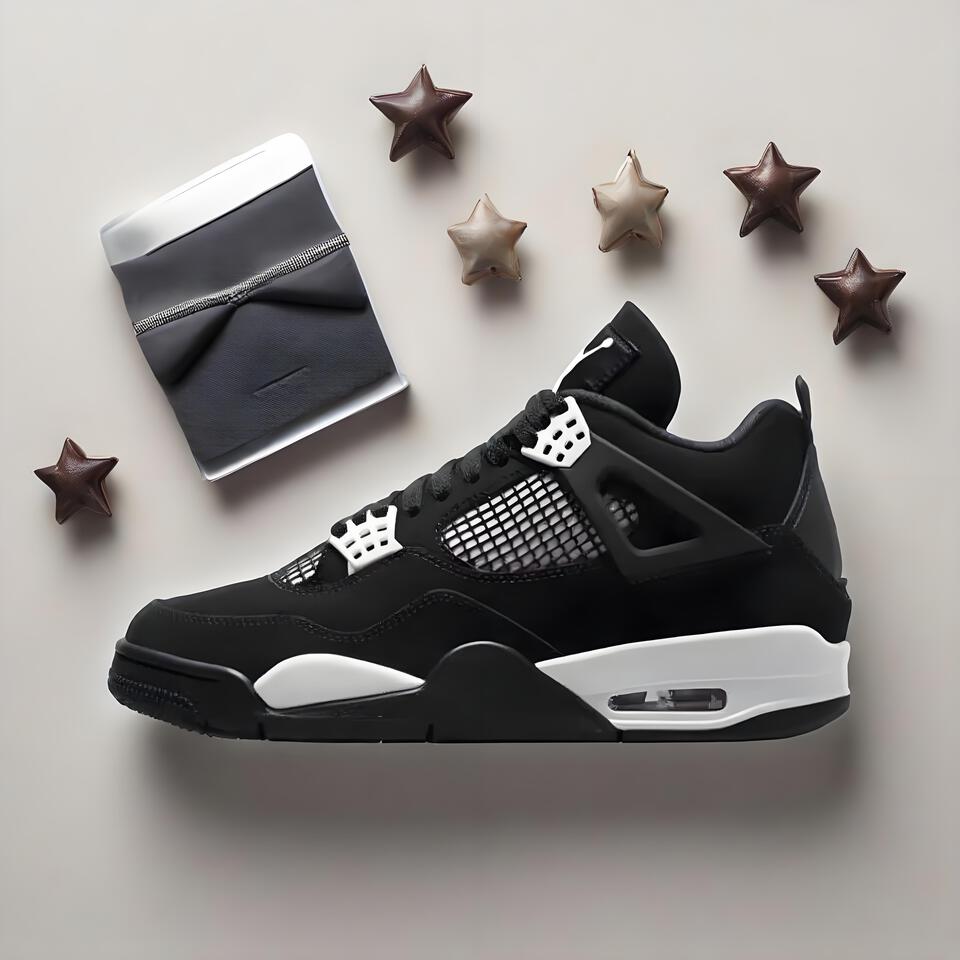 Air Jordan 4 Retro Black White Leather Basketball Shoes