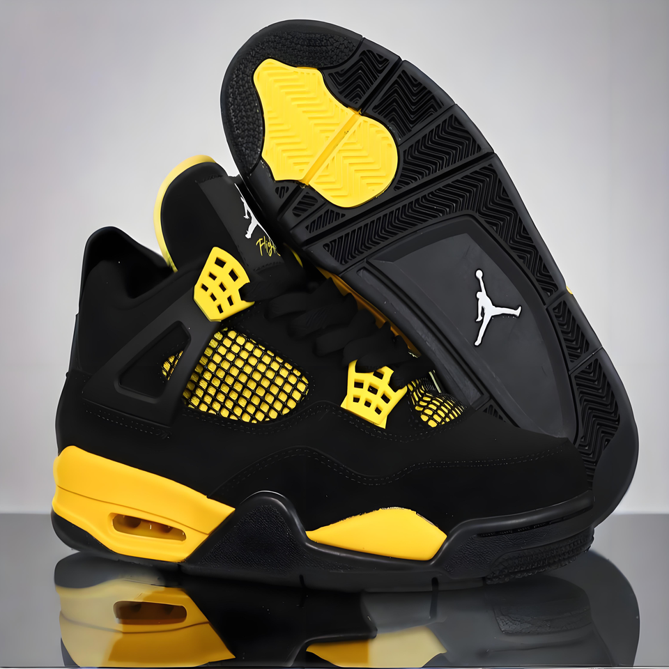 Air Jordan 4 Retro Black Yellow Leather Breathable Cushioned Basketball Shoes