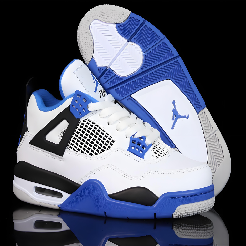 Air Jordan 4 Retro White Blue Black Leather Basketball Sneakers