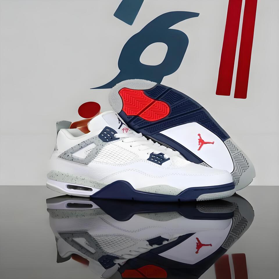 Air Jordan 4 Retro White Blue Grey Leather Basketball Shoes