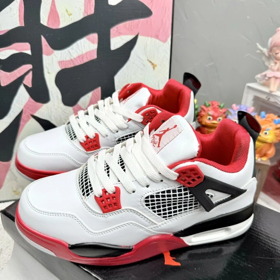 Air Jordan 4 Retro White Red Black Leather Basketball Shoes