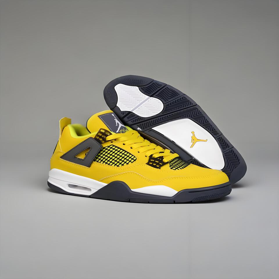 Air Jordan 4 Retro Yellow Grey Black Leather Basketball Sneakers