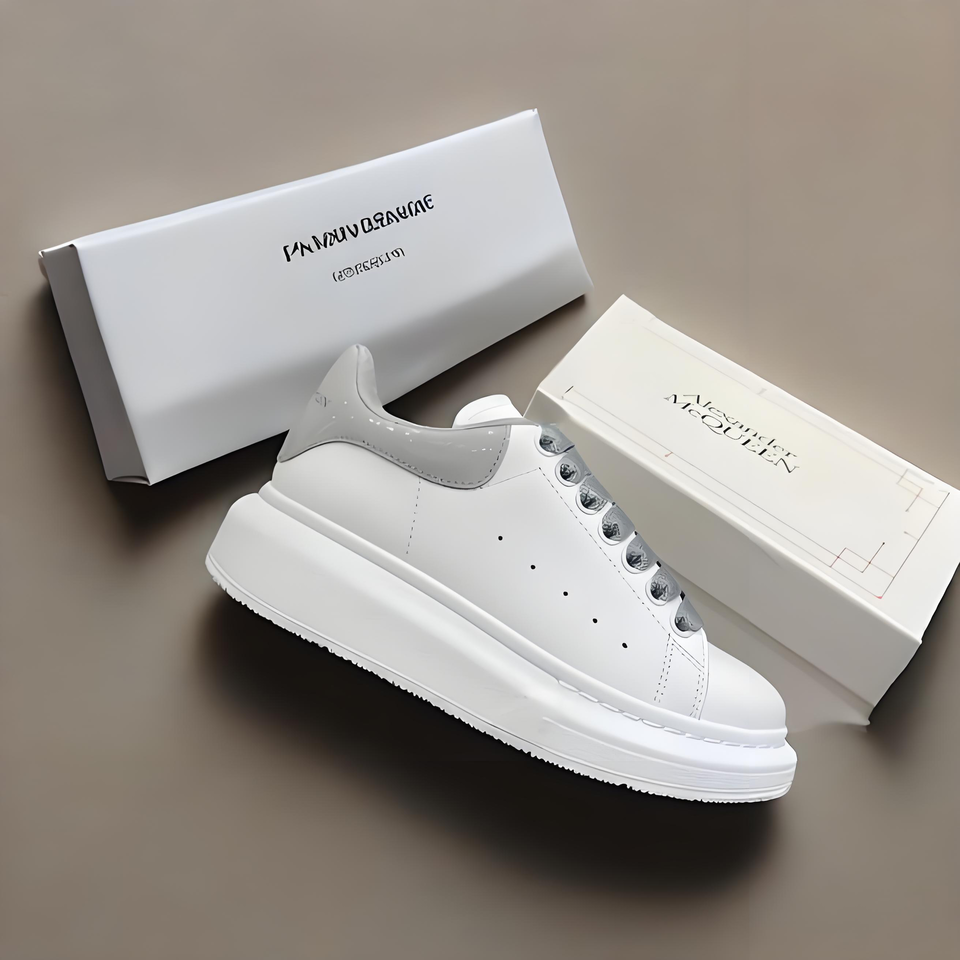 Alexander McQueen White Grey Leather Platform Sneakers