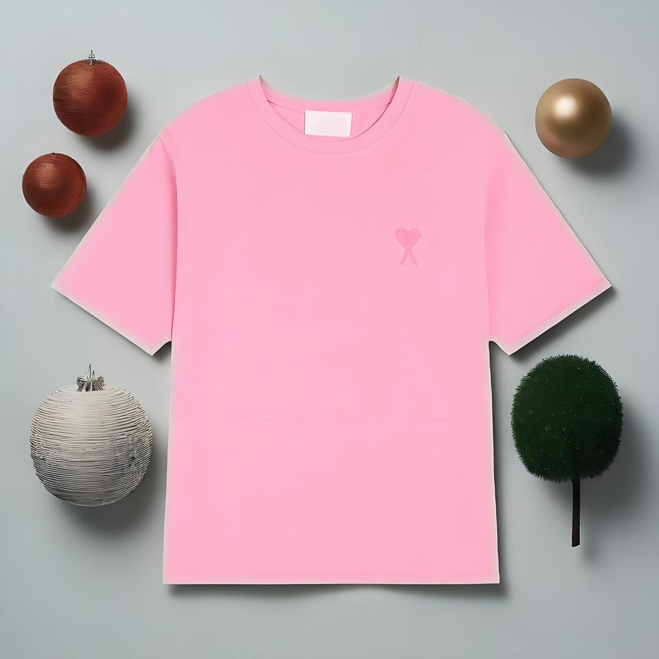 Ami Paris Pink Heart Embroidered Cotton T-Shirt Unisex