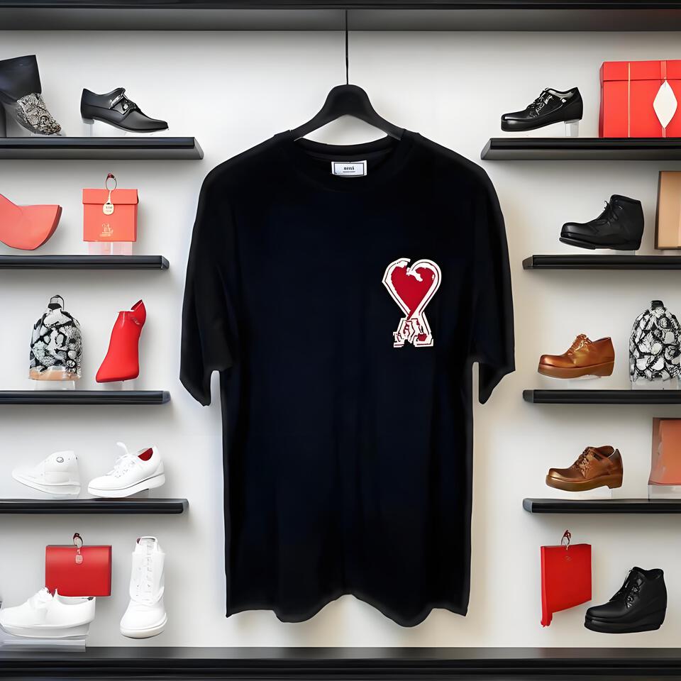 AMI Unisex Black Cotton Loose Tee Embroidered Crewneck Top