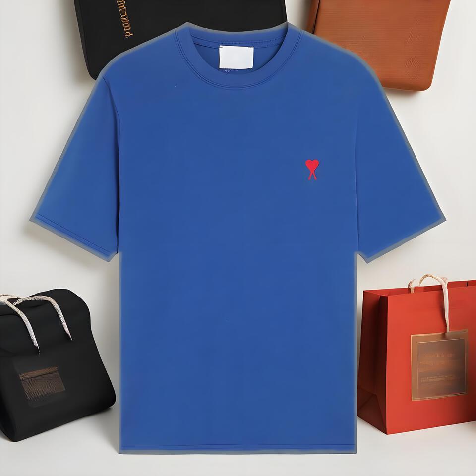 AMIAMI Heart Embroidery Blue Cotton T-Shirt Unisex Loose Fit