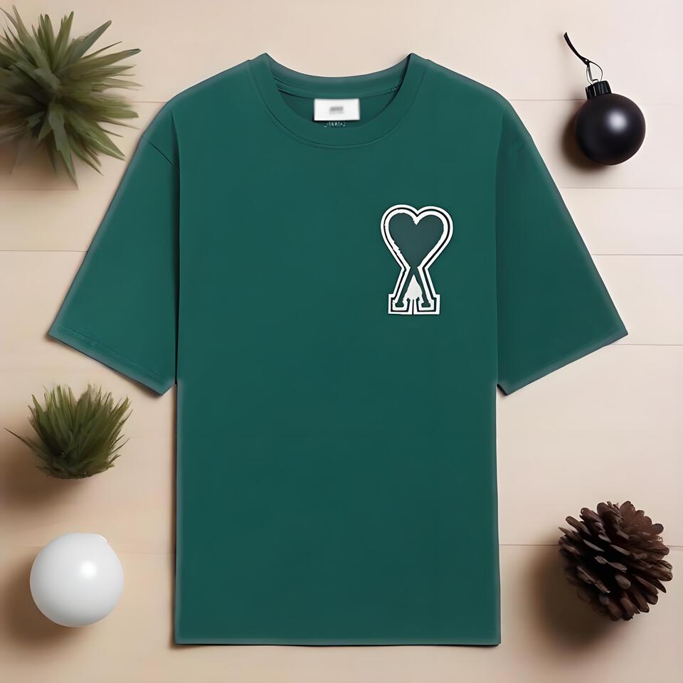 AmiAMI Heart Embroidery Green Cotton Unisex T-Shirt