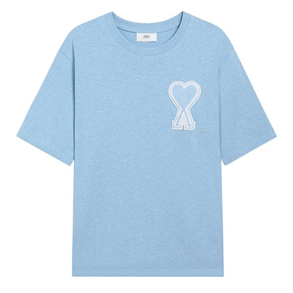 AMIAMI Unisex Light Blue Cotton Embroidered Heart Print T-Shirt