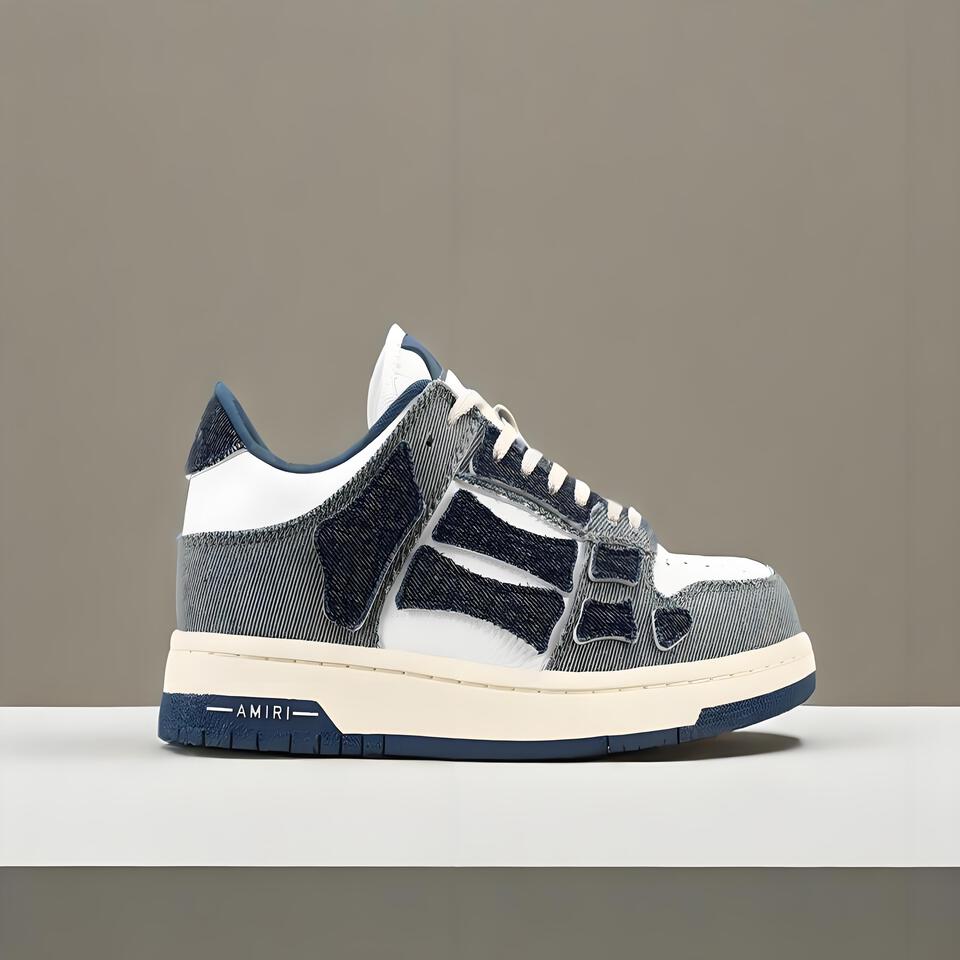 AMIRI Skel Top Low Top Sneakers Blue Gray White Denim Bone Print