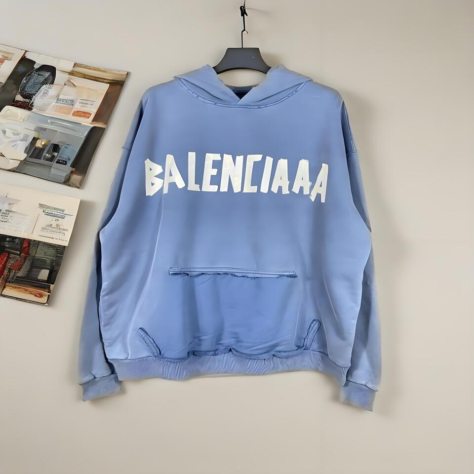 Balenciaga Blue Distressed Cotton Hoodie Unisex Streetwear