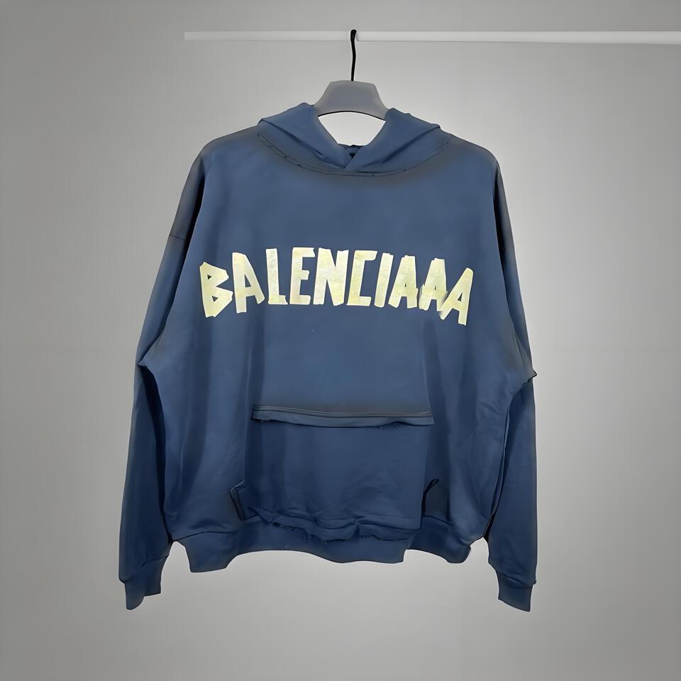 Balenciaga Distressed Navy Hoodie Unisex Cotton Streetwear