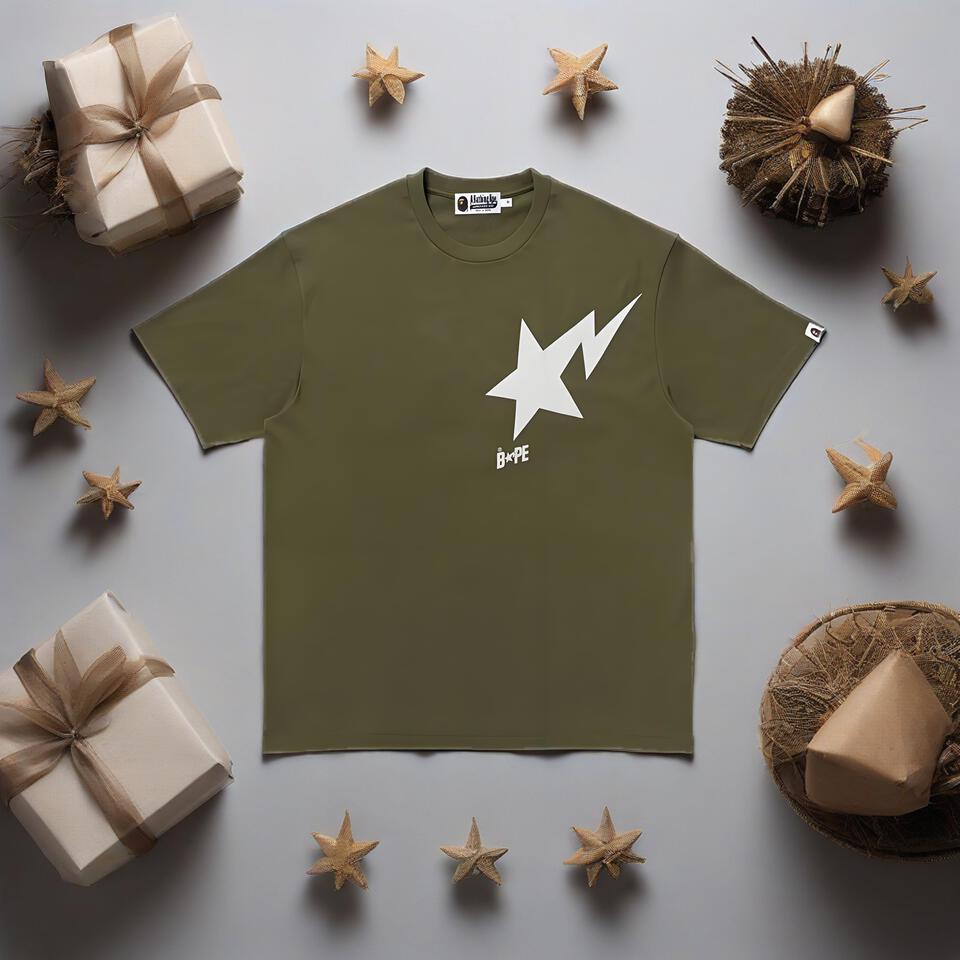 Bape Army Green Cotton Loose Lightning Short Sleeve T-Shirt