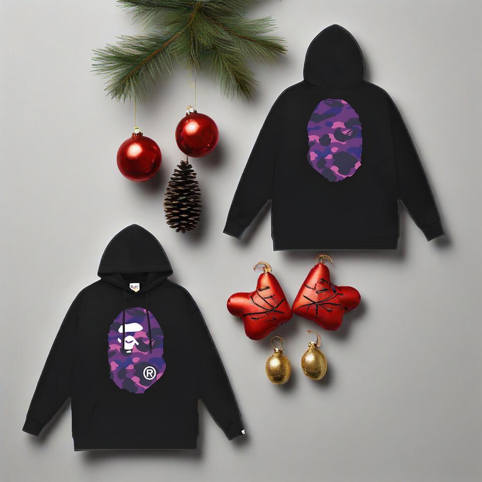 Bape Black Cotton Camo Unisex Hoodie Streetwear