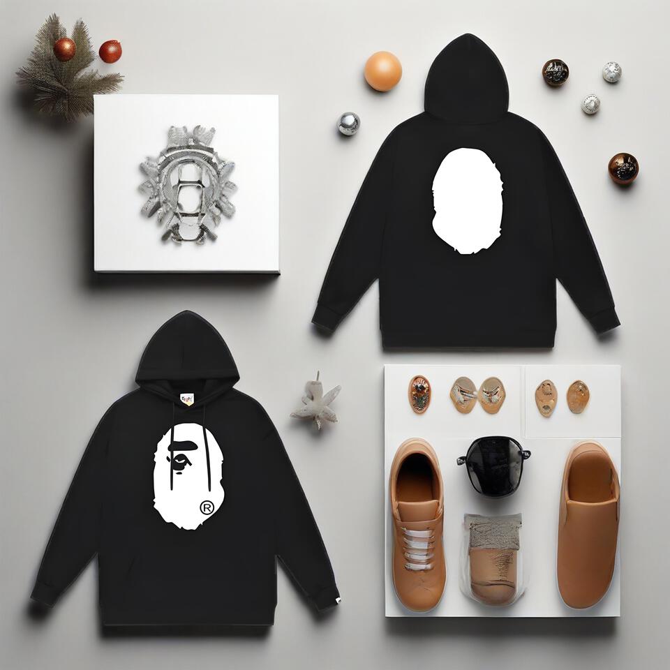 Bape Black Cotton Hoodie Unisex Streetwear Ape Head Print