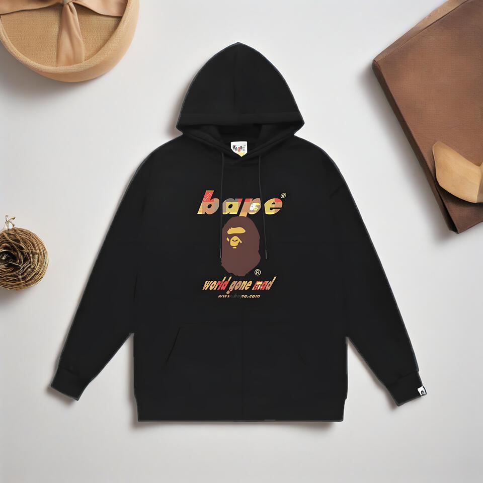 Bape Black Cotton Hoodie Unisex Streetwear Classic Ape Head Print
