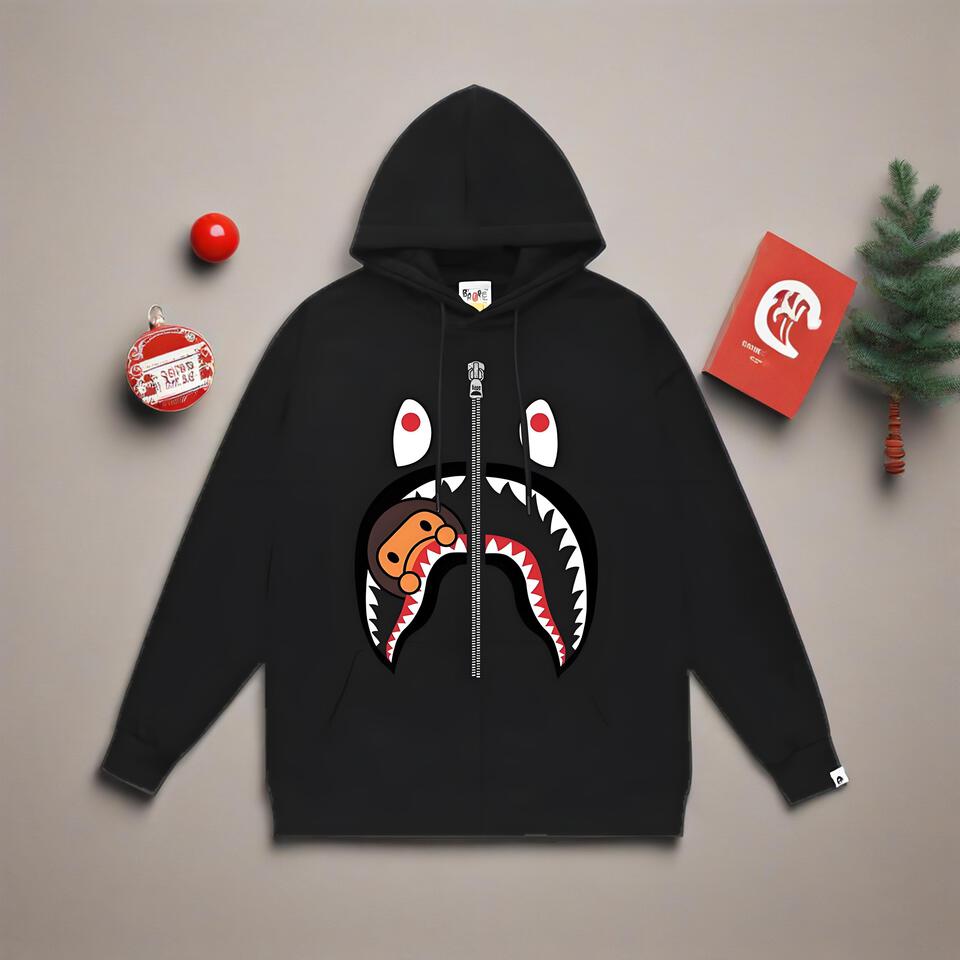 Bape Black Cotton Shark Hoodie Unisex Streetwear