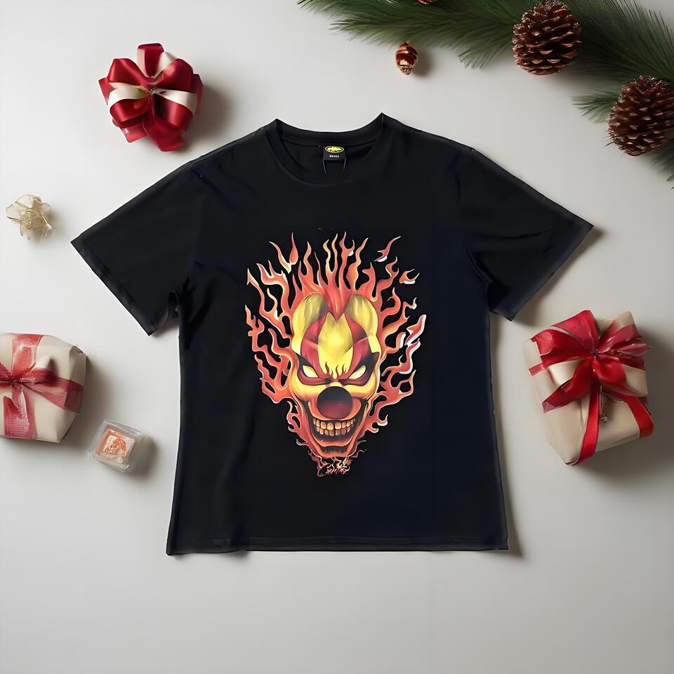 Bape Black Crew Neck T-Shirt Flame Jester Skull Print Unisex