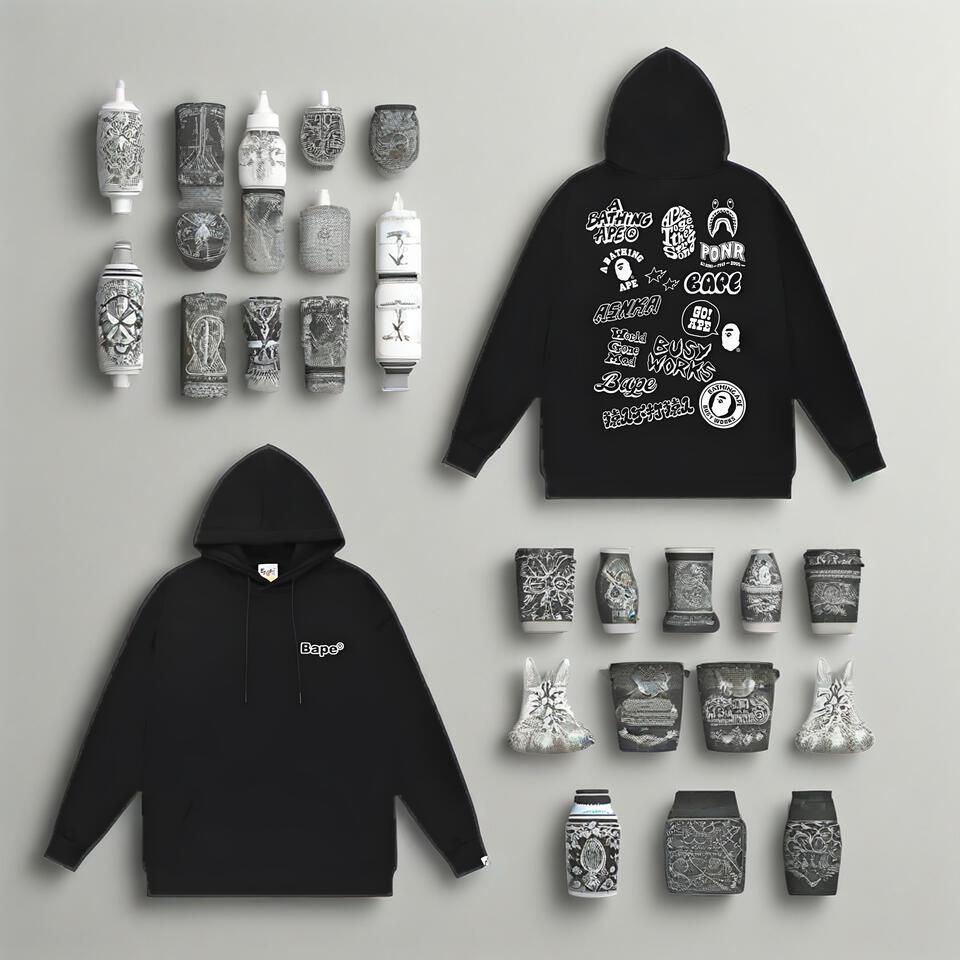 Bape Black Hoodie Street Graffiti Unisex Oversized Casual