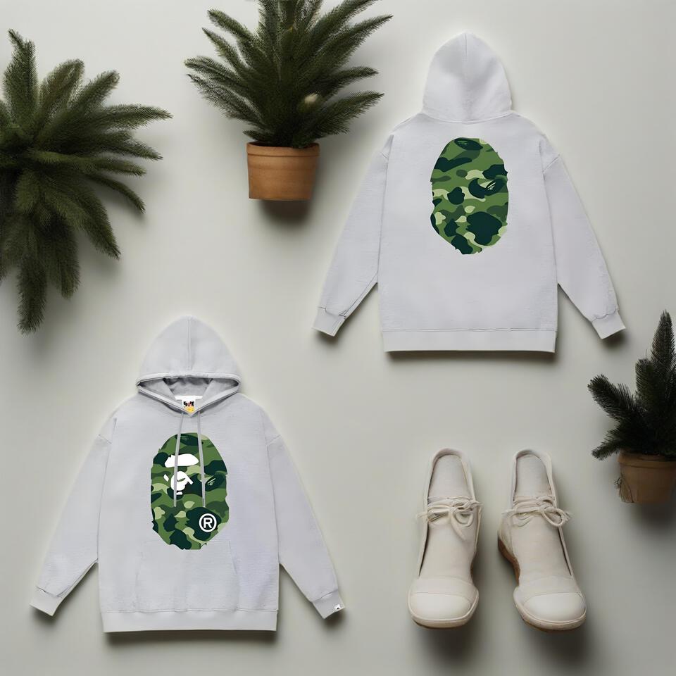 Bape Gray Hoodie Cotton Camo Ape Head Streetwear Unisex