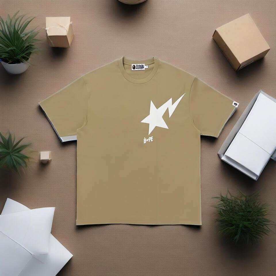 Bape Khaki Cotton Crew Neck Short Sleeve T-Shirt Unisex