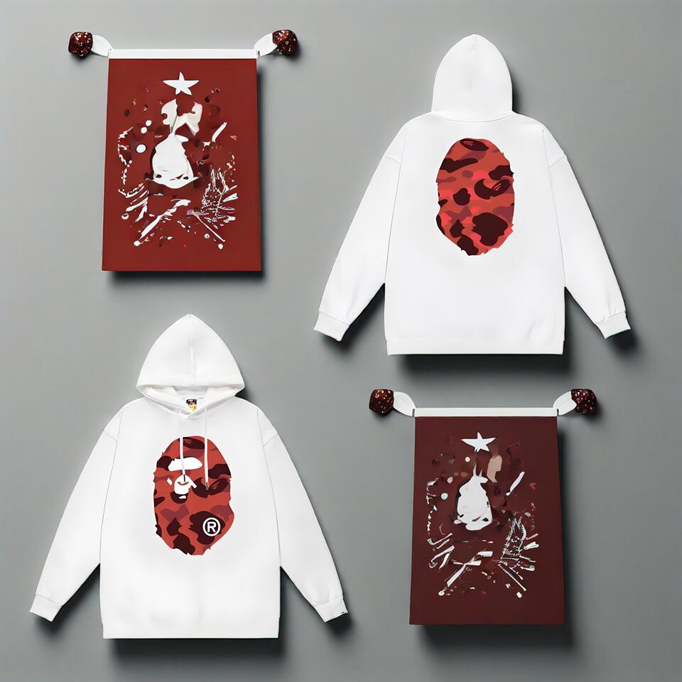Bape Red Camo Hoodie White Cotton Unisex Streetwear