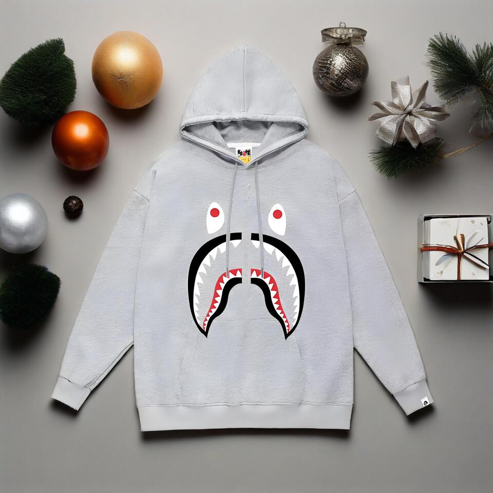 Bape Shark Hoodie Grey Streetwear Unisex Full Zip Sweatshirt