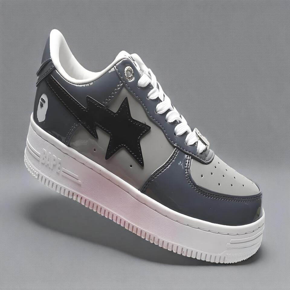 BAPE STA Black Grey Patent Leather Sneakers Retro Streetwear Fashion Shoes