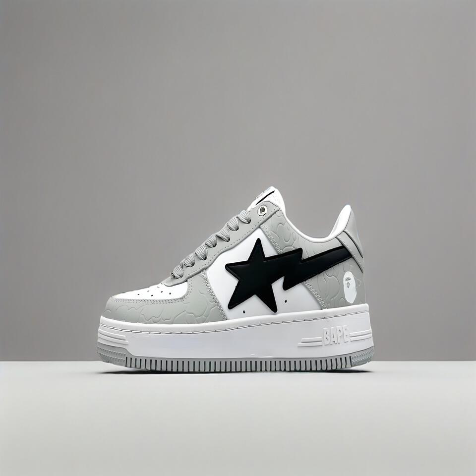 BAPE STA Black White Grey Low Top Leather Sneakers