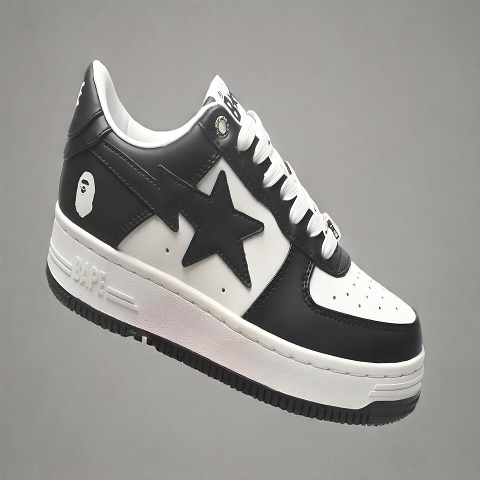 BAPE STA Black White Leather Low Top Sneakers