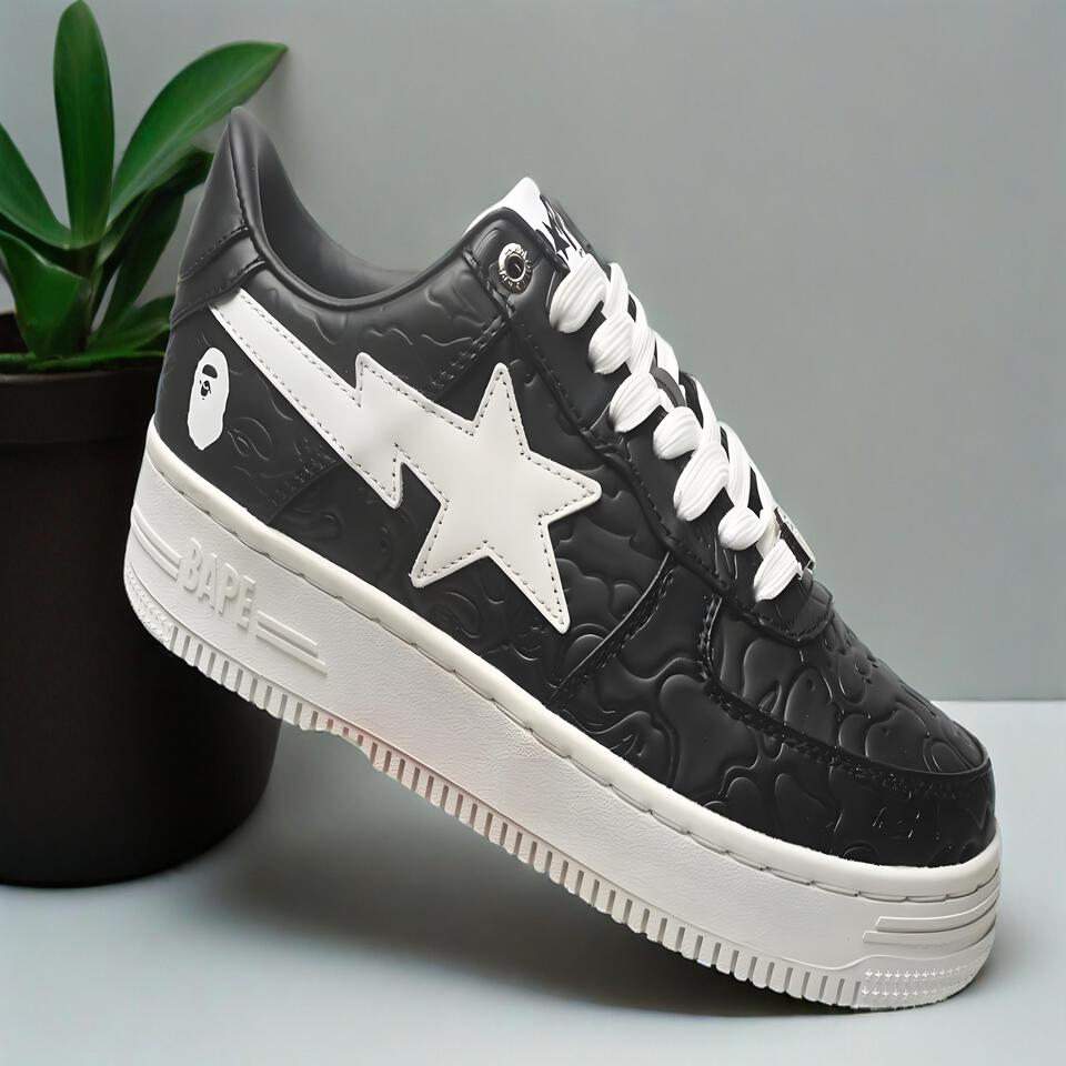 BAPE STA Black White Leather Sneakers | BAPE Streetwear Shoes