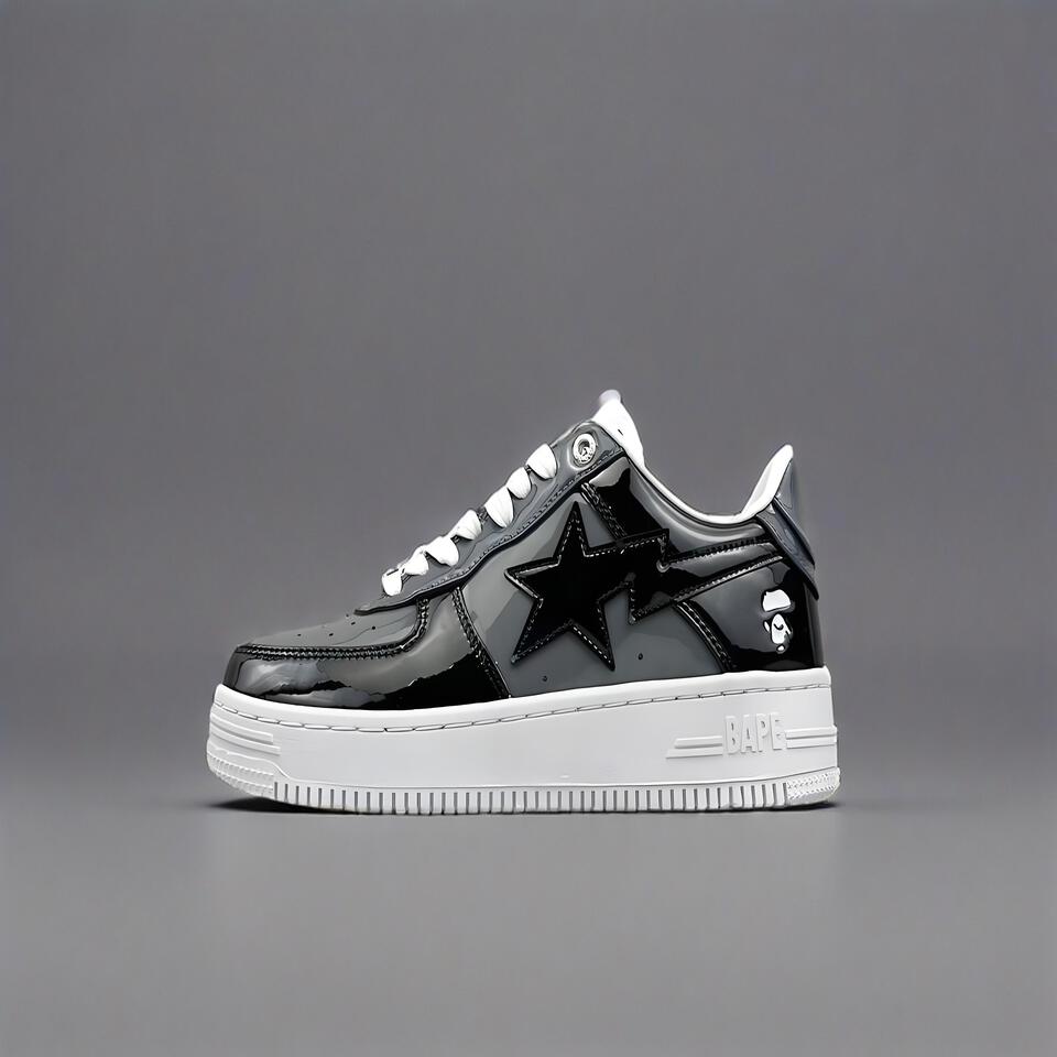 BAPE STA Black White Patent Leather Sneakers: Durable Fashion Casual Shoes