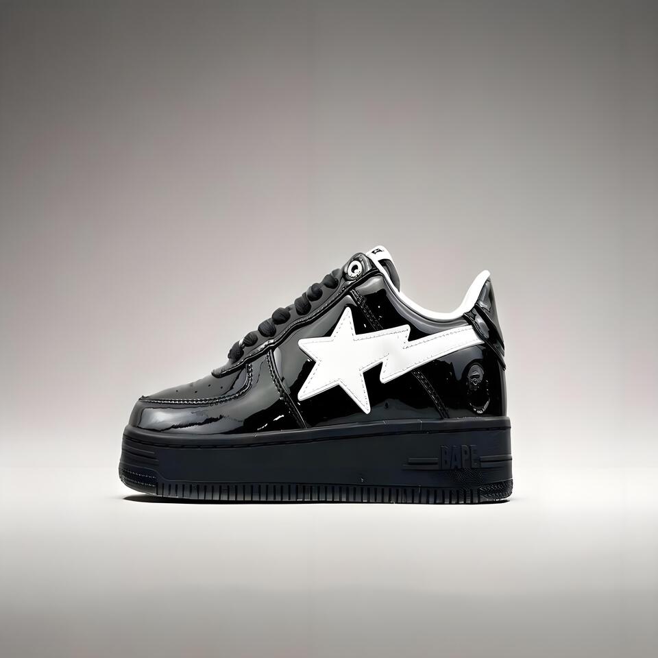 BAPE STA Black White Patent Leather Sneakers | Streetwear Fashion Shoes